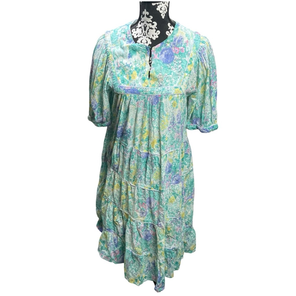 Vintage Adini Women dress Tiered Floral Indian Cotton boho Short Sleeves Size M